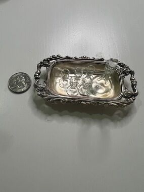 Miniature Glass figures, 5 cups, Vine bottle, scooper and tray